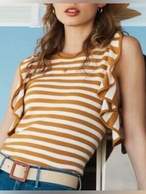 Anthropologie Striped Ruffled-Sleeve Top Size M